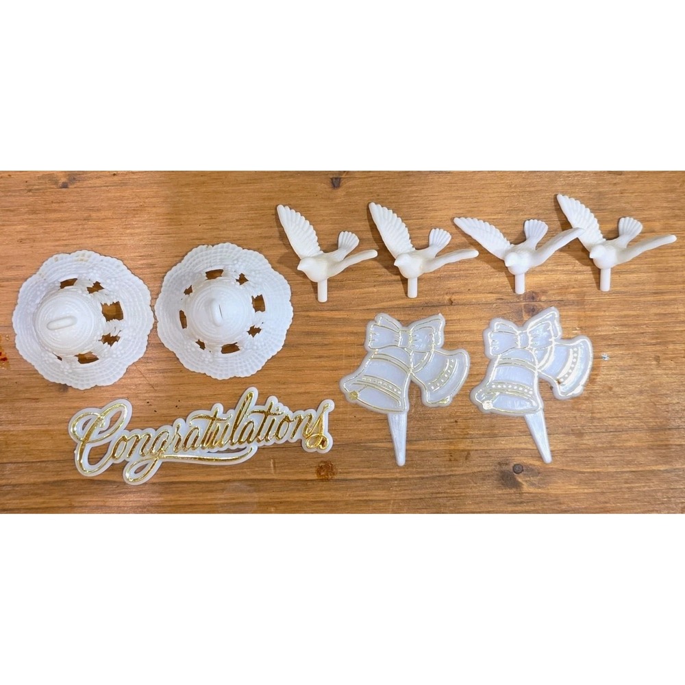Wedding Cake Topper Set 9pc Plastic White/Gold Doves Bells Congratulations